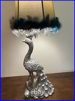 Peacock Art Deco Table Lamp Silver Color Resin withTurquoise Feather Accents