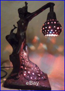 Peacock Nude Lady Spelter Lamp Art Deco Nouveau Signed Bronze