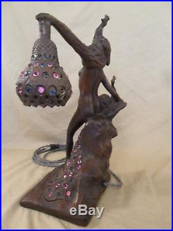 Peacock Nude Lady Spelter Lamp Art Deco Nouveau Signed Bronze