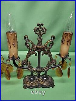 Pr (2) Art Deco Nouveau Candelabra Manel Electric Lamps Anber Prisms