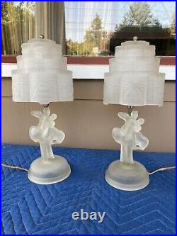 Pr Vintage Satin Glass Boudoir Lamps ART DECO 4 Tier SKYSCRAPER shade Working