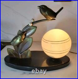 Pretty Art Deco lamp, animal bronze, bird on branch, signed Guy, 1930s