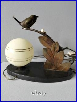 Pretty Art Deco lamp, animal bronze, bird on branch, signed Guy, 1930s