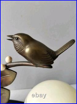 Pretty Art Deco lamp, animal bronze, bird on branch, signed Guy, 1930s