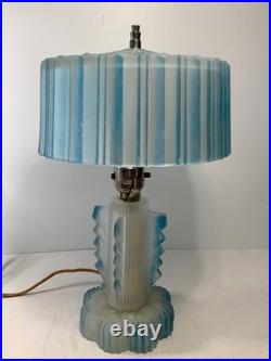 RARE Antique Art Deco Frosted Blue Glass Boudoir Lamp (READ) 13.5 in