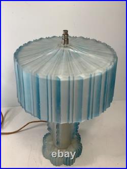 RARE Antique Art Deco Frosted Blue Glass Boudoir Lamp (READ) 13.5 in