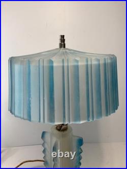 RARE Antique Art Deco Frosted Blue Glass Boudoir Lamp (READ) 13.5 in