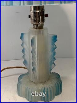 RARE Antique Art Deco Frosted Blue Glass Boudoir Lamp (READ) 13.5 in
