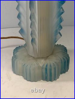 RARE Antique Art Deco Frosted Blue Glass Boudoir Lamp (READ) 13.5 in