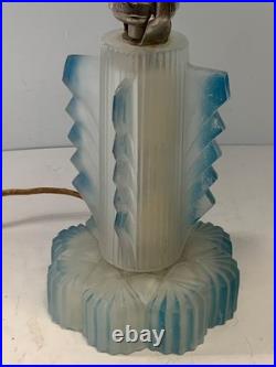 RARE Antique Art Deco Frosted Blue Glass Boudoir Lamp (READ) 13.5 in