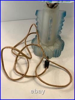 RARE Antique Art Deco Frosted Blue Glass Boudoir Lamp (READ) 13.5 in
