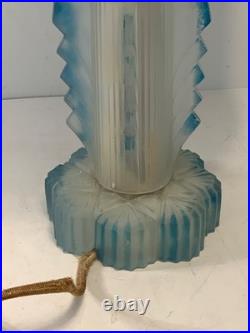 RARE Antique Art Deco Frosted Blue Glass Boudoir Lamp (READ) 13.5 in