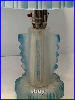 RARE Antique Art Deco Frosted Blue Glass Boudoir Lamp (READ) 13.5 in