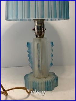 RARE Antique Art Deco Frosted Blue Glass Boudoir Lamp (READ) 13.5 in