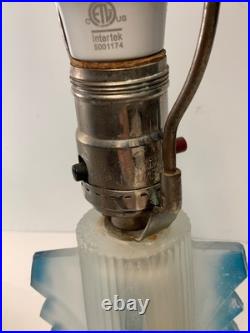 RARE Antique Art Deco Frosted Blue Glass Boudoir Lamp (READ) 13.5 in