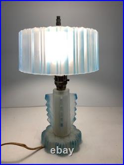 RARE Antique Art Deco Frosted Blue Glass Boudoir Lamp (READ) 13.5 in