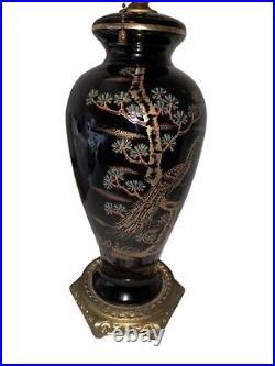 RARE Art Deco Lamp Peacock Gold Czechoslovakia Porcelain Vase Asian Dual Socket