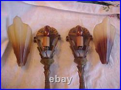 RARE Pair of Midwest Solure Art Deco Brown Tip Slip Shade Electric Table Lamps