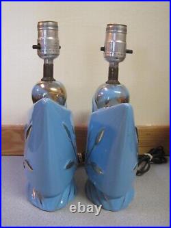 RARE Vtg Pair ART DECO Small Table LAMPS Geometric BLUE GOLD Working CATTAILS