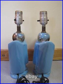 RARE Vtg Pair ART DECO Small Table LAMPS Geometric BLUE GOLD Working CATTAILS