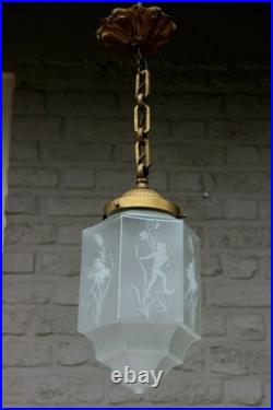 RAre French art deco glass etched Skyscraper LAntern Lamp chandelier putti