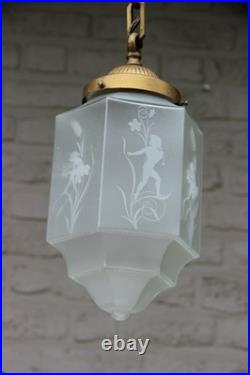 RAre French art deco glass etched Skyscraper LAntern Lamp chandelier putti