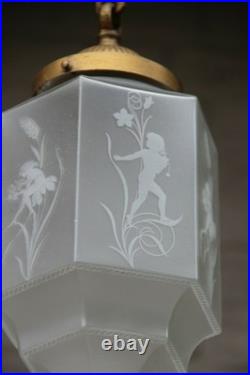 RAre French art deco glass etched Skyscraper LAntern Lamp chandelier putti