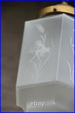 RAre French art deco glass etched Skyscraper LAntern Lamp chandelier putti
