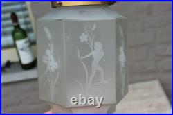 RAre French art deco glass etched Skyscraper LAntern Lamp chandelier putti