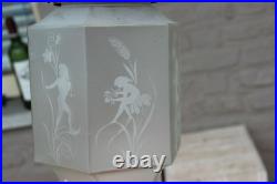 RAre French art deco glass etched Skyscraper LAntern Lamp chandelier putti