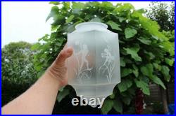 RAre French art deco glass etched Skyscraper LAntern Lamp chandelier putti