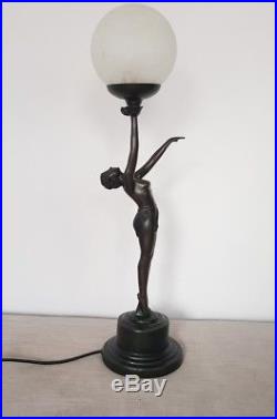 REPRODUCTION 1930s ART DECO LADY TABLE DESK LAMP LIGHT CRACKLE GLASS SHADE