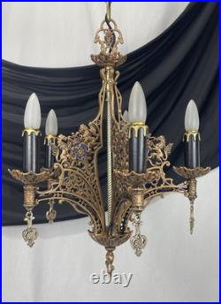 RESTORED Antique Vtg Griffin Lion Chandelier Gothic Arts Crafts Deco 1920s 1930s