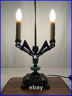 REWIRED Antique Vtg Art Deco Table Desk Lamp Green Jadeite Houze Glass 1920s 30s