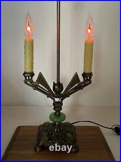 REWIRED Antique Vtg Art Deco Table Desk Lamp Green Jadeite Houze Glass 1920s 30s