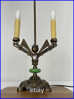 REWIRED Antique Vtg Art Deco Table Desk Lamp Green Jadeite Houze Glass 1920s 30s