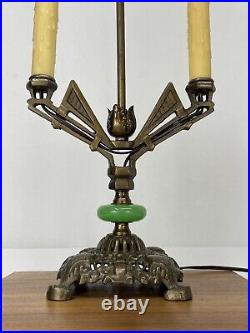 REWIRED Antique Vtg Art Deco Table Desk Lamp Green Jadeite Houze Glass 1920s 30s