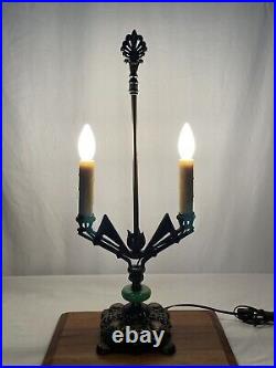 REWIRED Antique Vtg Art Deco Table Desk Lamp Green Jadeite Houze Glass 1920s 30s