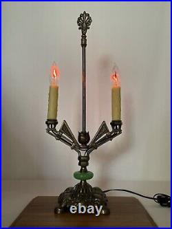 REWIRED Antique Vtg Art Deco Table Desk Lamp Green Jadeite Houze Glass 1920s 30s