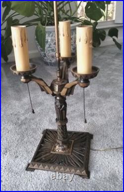 REWIRED Antique Vtg Art Deco Table Lamp Desk Geometric 1920s 1930s Brass Patina