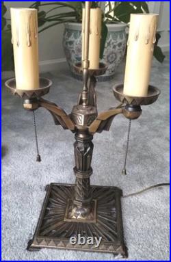 REWIRED Antique Vtg Art Deco Table Lamp Desk Geometric 1920s 1930s Brass Patina