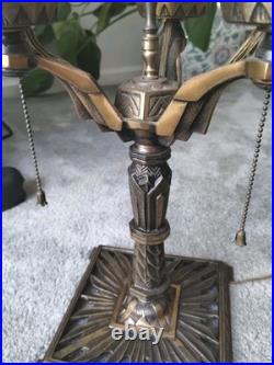 REWIRED Antique Vtg Art Deco Table Lamp Desk Geometric 1920s 1930s Brass Patina