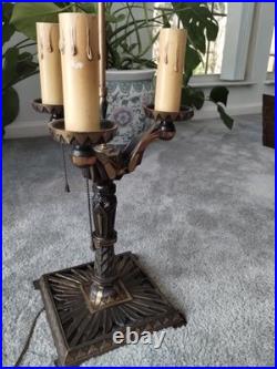 REWIRED Antique Vtg Art Deco Table Lamp Desk Geometric 1920s 1930s Brass Patina
