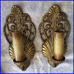 REWIRED Pair Art Deco 1930-40s Electric Wall Sconces Gold Seashell SHELL Ornate