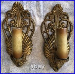 REWIRED Pair Art Deco 1930-40s Electric Wall Sconces Gold Seashell SHELL Ornate