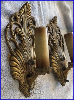 REWIRED Pair Art Deco 1930-40s Electric Wall Sconces Gold Seashell SHELL Ornate