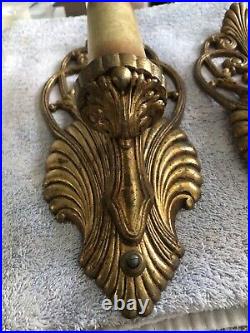 REWIRED Pair Art Deco 1930-40s Electric Wall Sconces Gold Seashell SHELL Ornate