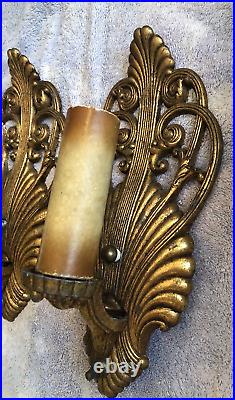 REWIRED Pair Art Deco 1930-40s Electric Wall Sconces Gold Seashell SHELL Ornate