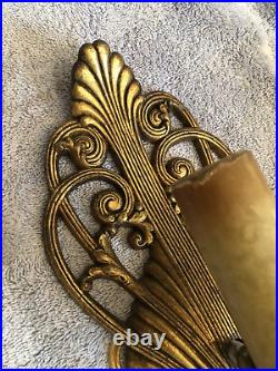 REWIRED Pair Art Deco 1930-40s Electric Wall Sconces Gold Seashell SHELL Ornate