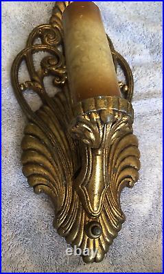 REWIRED Pair Art Deco 1930-40s Electric Wall Sconces Gold Seashell SHELL Ornate